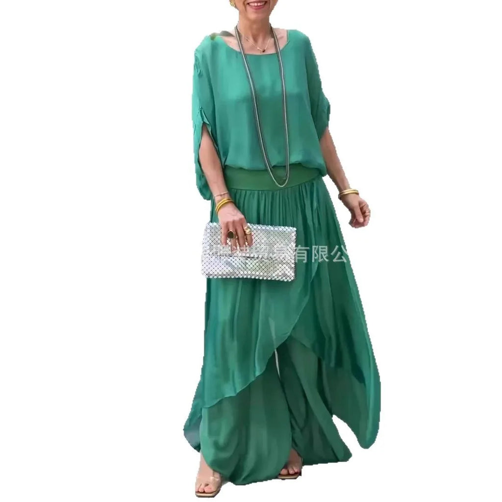 2025 Summer Fashion Women's Solid Color Casual Trendy Loose 2 Piece Chiffon Sets O-neck Short Sleeve T-shirts Wide Leg Trousers