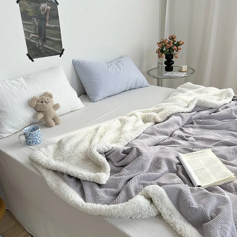 DecorBites™ Camellia Jacquard Lamb Wool Blanket - Double-Layer Cozy Quilt