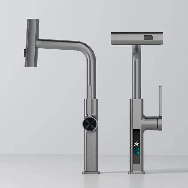 DecorBites™ Digital Display Single Lever Brass Kitchen Faucet - Hot Cold Pull Out Mixer