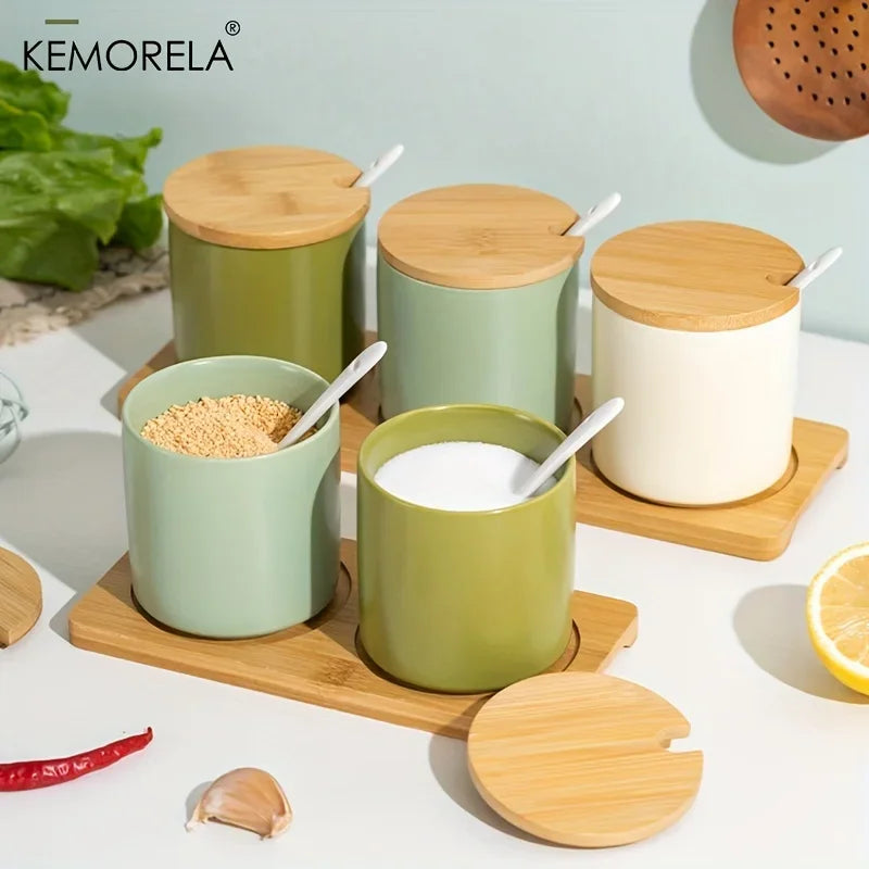 DecorBites™ Japanese Retro Ceramic Seasoning Jar Set with Tray - 3-Piece Kitchen Organizer