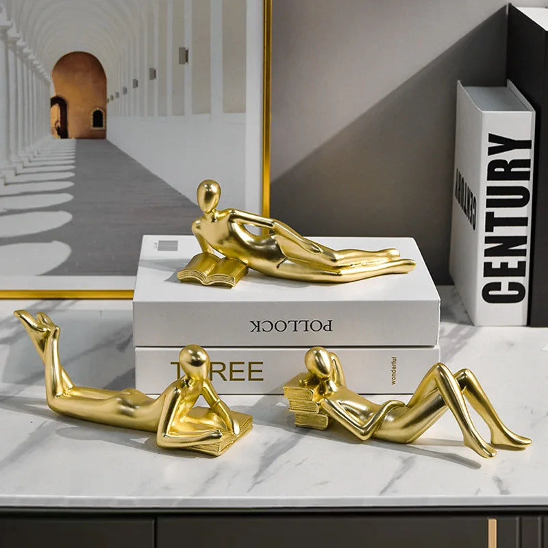DecorBites™ Golden Thinker Reader Man Resin Figure: Abstract Home Decor Figurine