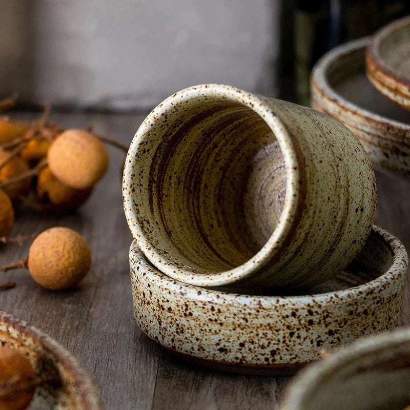 DecorBites™ Japanese Style Handmade Stoneware Dinnerware Set - Round Plates and Bowls