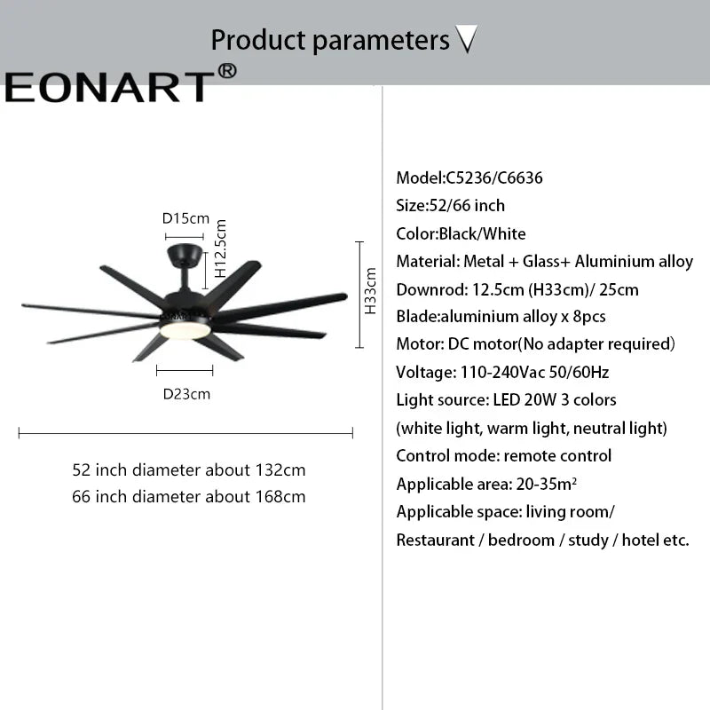 DecorBites™ 66" DC Ceiling Fan with Remote Control, Modern Aluminum 8-Blade LED Light