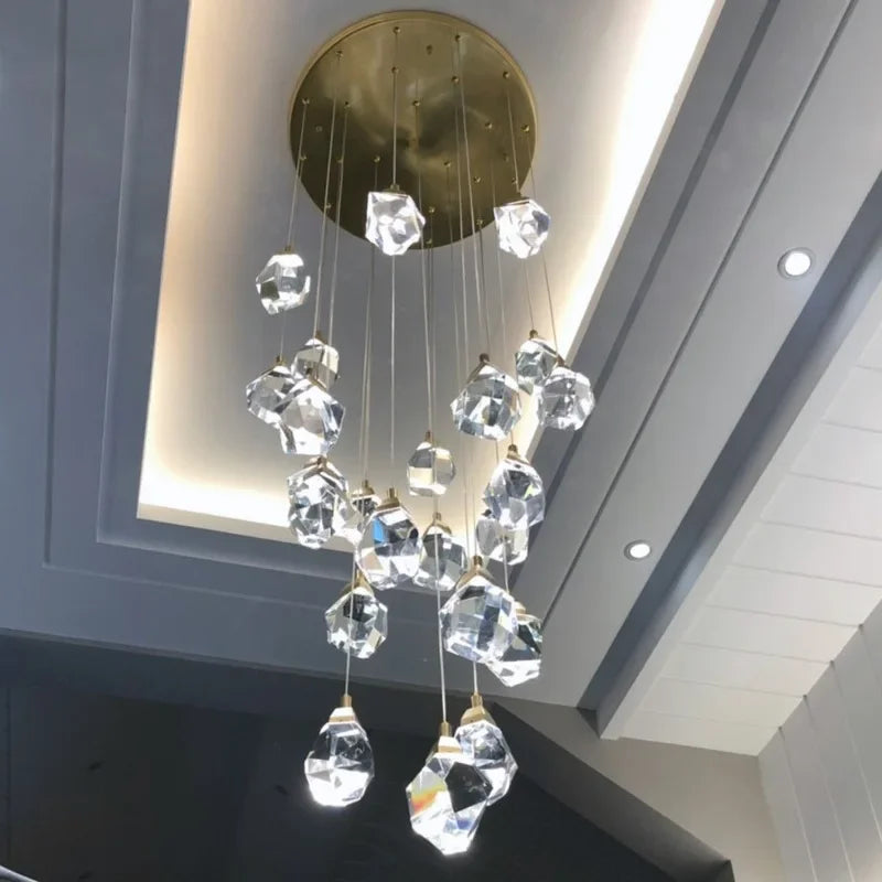 DecorBites™ Diamond Crystal Chandelier Staircase LED Golden Chandeliers Lighting for Luxurious Home Décor