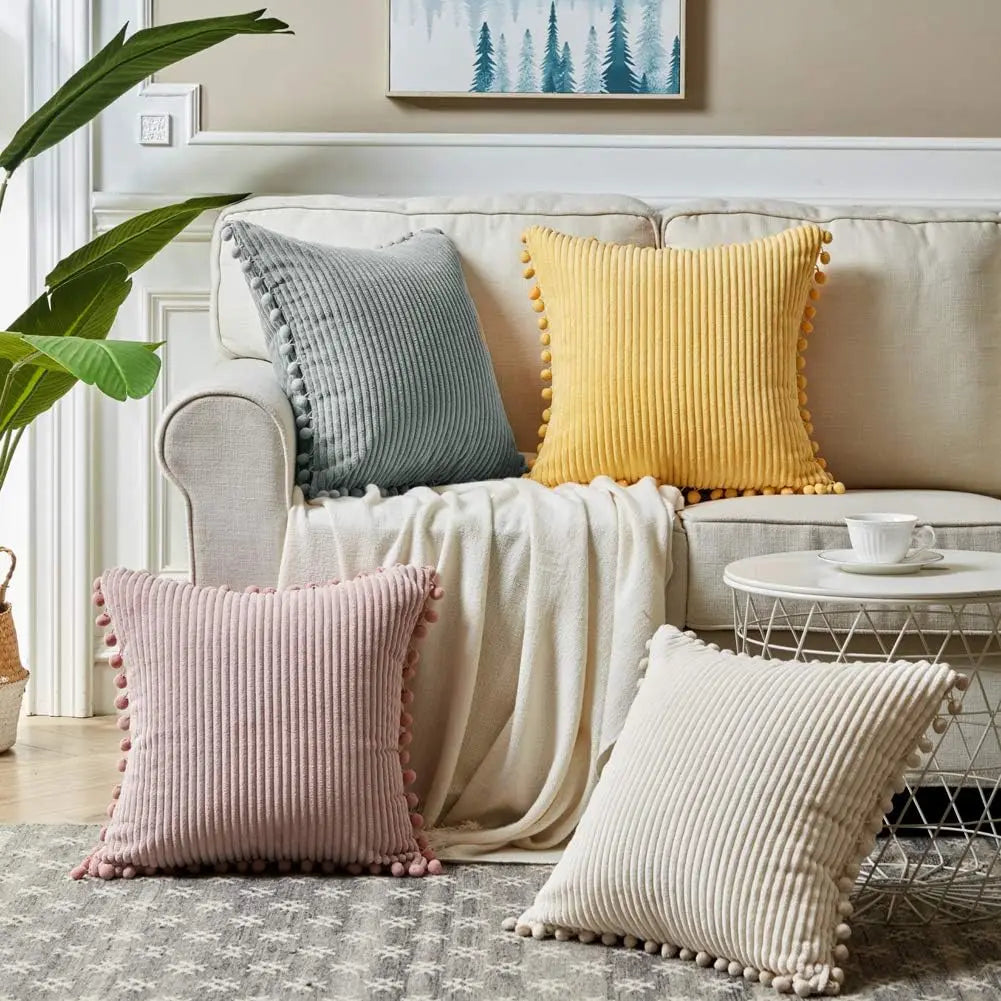 DecorBites™ Beige Striped Cushion Cover with Pom Pom Detail Lumbar Throw Pillow Case