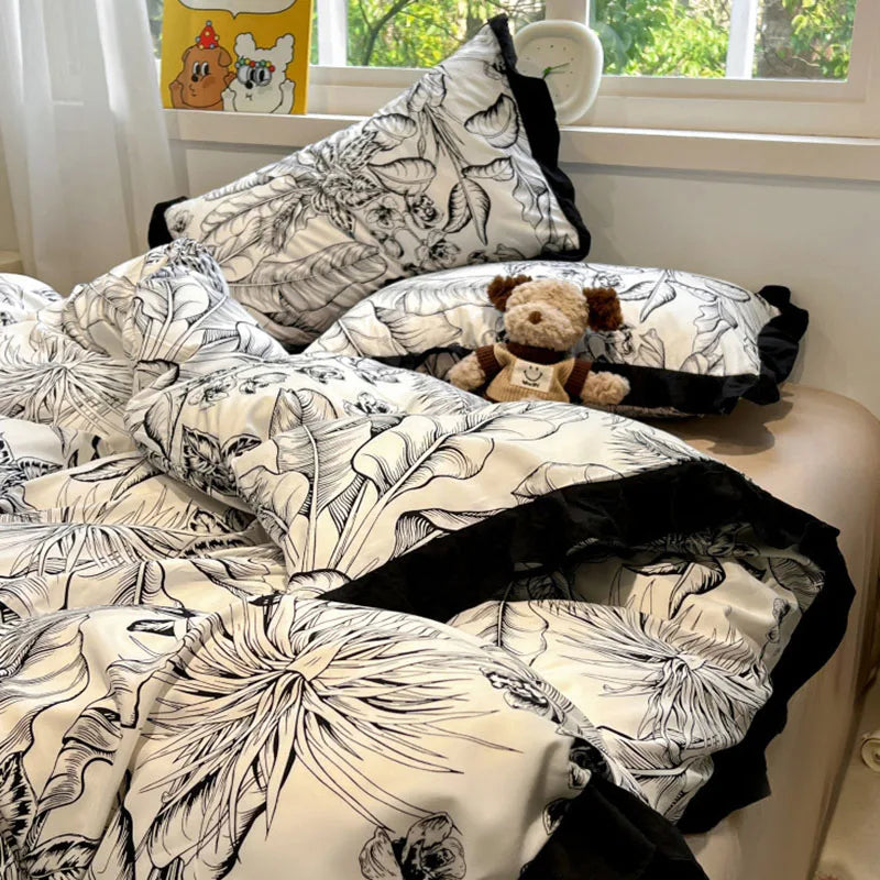 DecorBites™ Korean Black White Hepburn Style Bedding Set with Lace Fitted Sheet Set