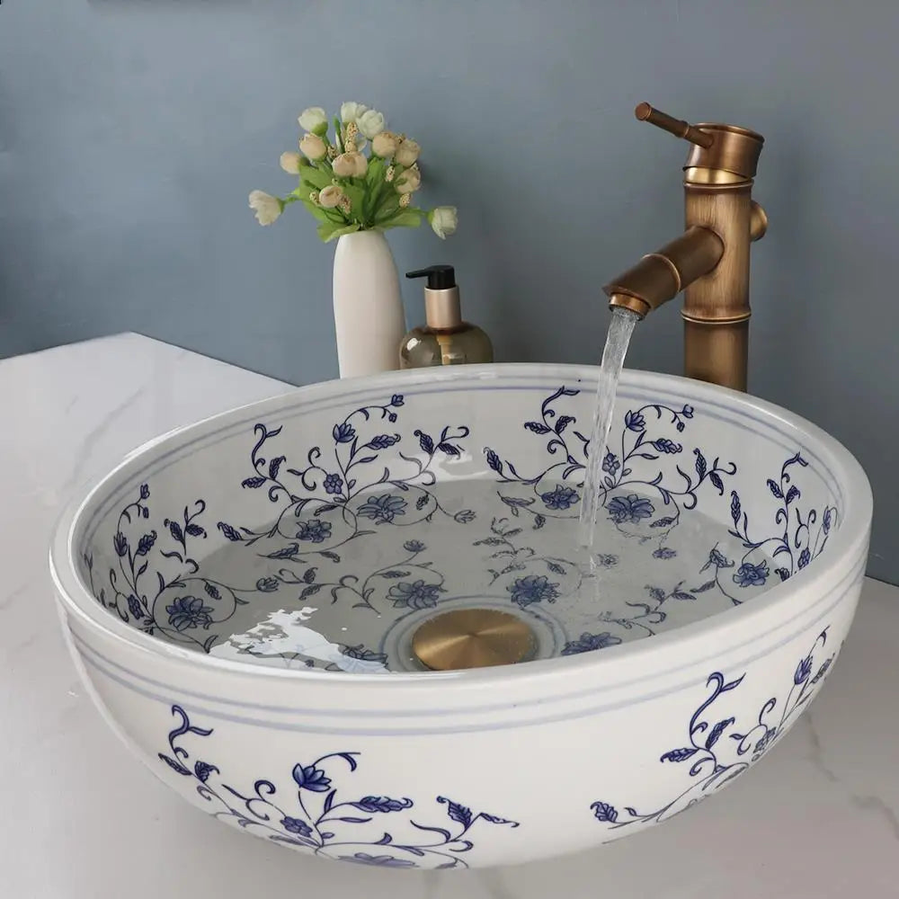DecorBites™ Blue & White Porcelain Basin Set with Bamboo Faucet and Pop Drain.