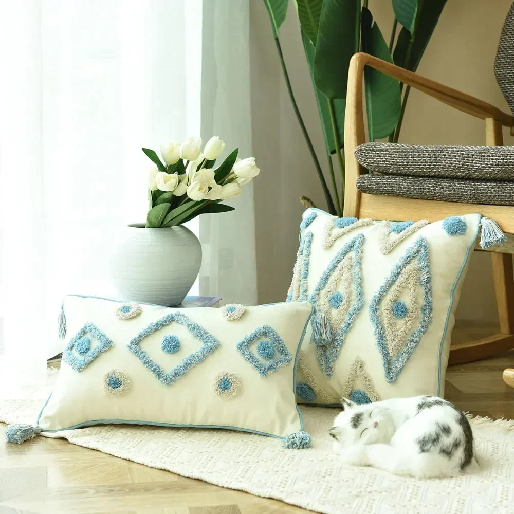 DecorBites™ Boho Blue Diamond Moroccan Cushion Cover 45x45cm Home Decor