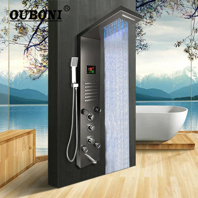 DecorBites™ Dark Grey LED Shower Panel Column with Rainfall Waterfall Spa Jets