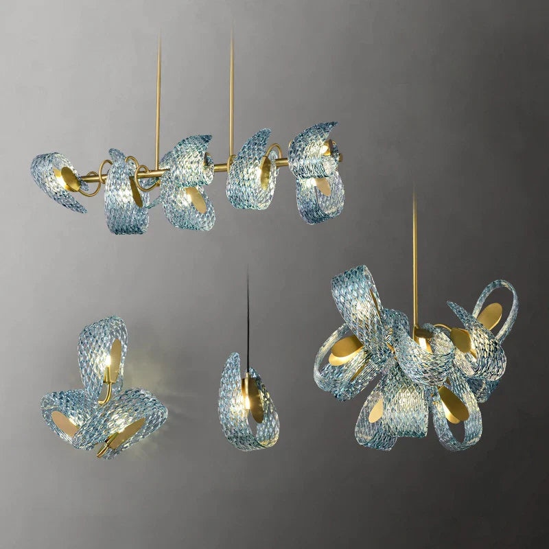 DecorBites™ Blue Glass Flower Ceiling Chandelier Copper Hanging Lamps