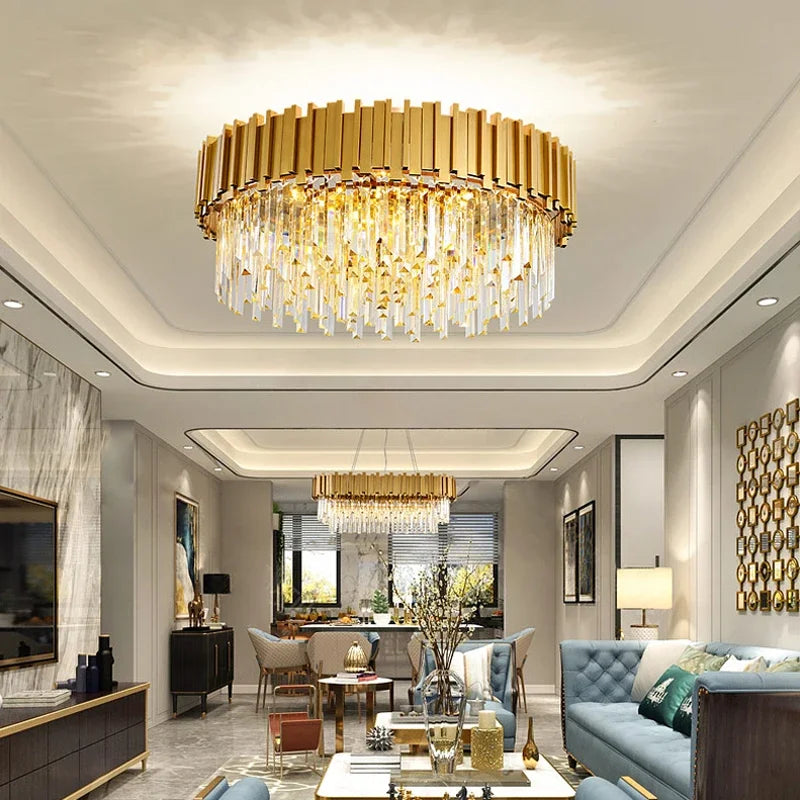 DecorBites™ Golden Stainless Steel Crystal Chandelier: Modern Round LED Light for Dining Room