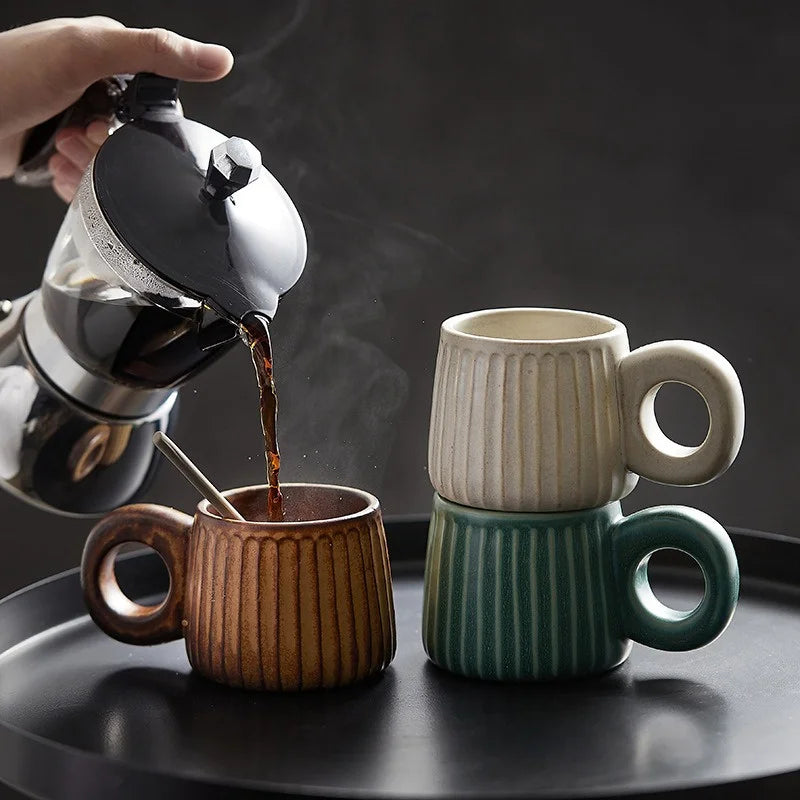 DecorBites™ Handmade Nordic Ceramic Mug with Ring Handle - Retro Style