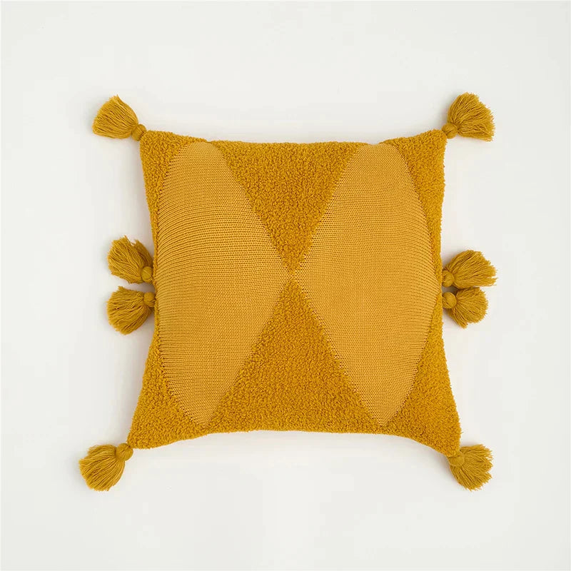 DecorBites™ Knitted Mustard Blue Tassel Cushion Cover for Home Sofa Bed Decor