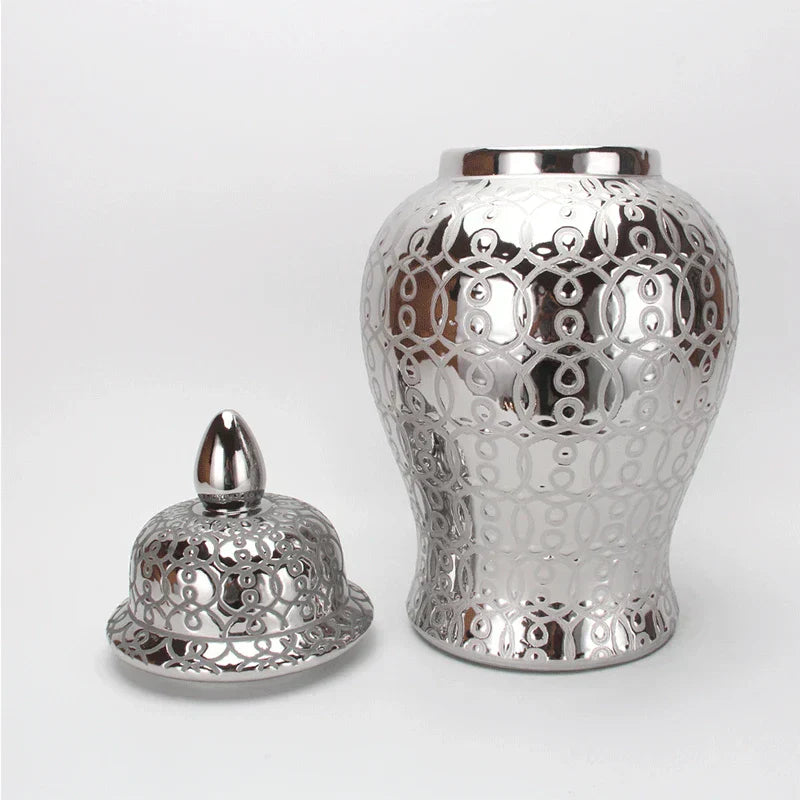 DecorBites™ Golden Pattern Porcelain Ginger Jar Vase with Lid for Home Decor