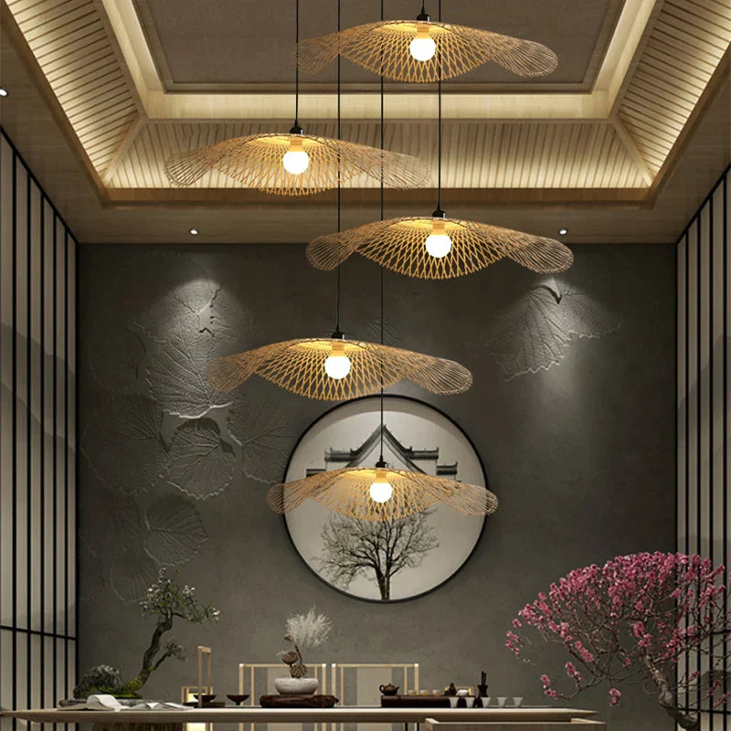 DecorBites™ Bamboo Chandelier: Handwoven Rattan Pendant Light for Kitchen, Bar, & Restaurant - LED E27