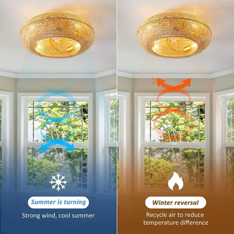 DecorBites™ Bamboo Ceiling Fan with Rattan Cage Light & Remote Control