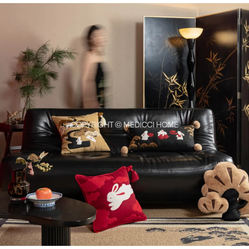 DecorBites™ Lucky Rabbit Pine Forests Embroidery Silk Velvet Pillowcase with Tassels