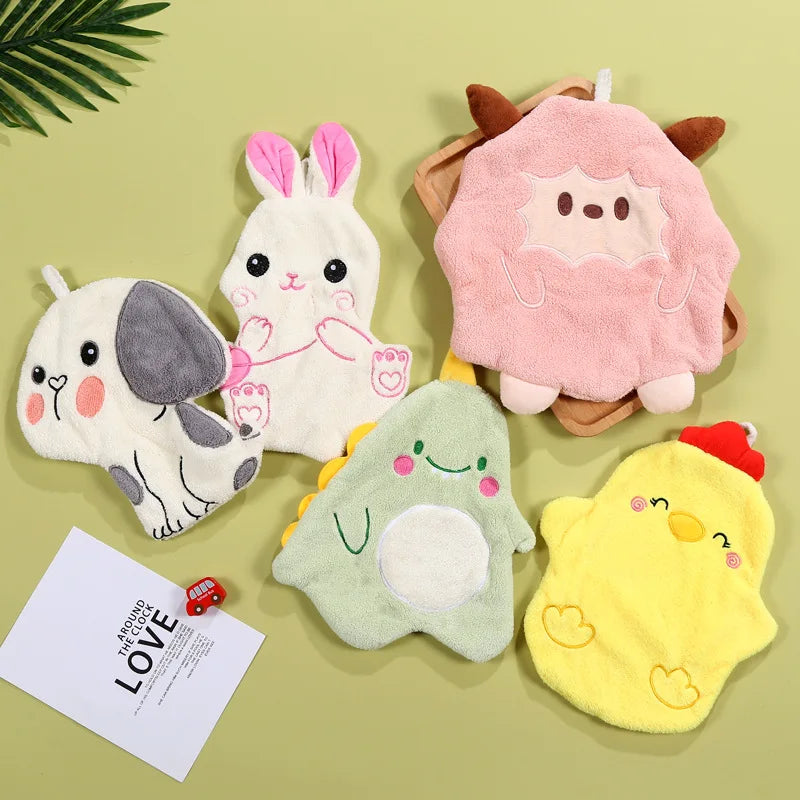 DecorBites™ Cartoon Animal Shape Coral Velvet Hand Towel for Kids, Absorbent Kitchen Bathroom Cleaning Towels