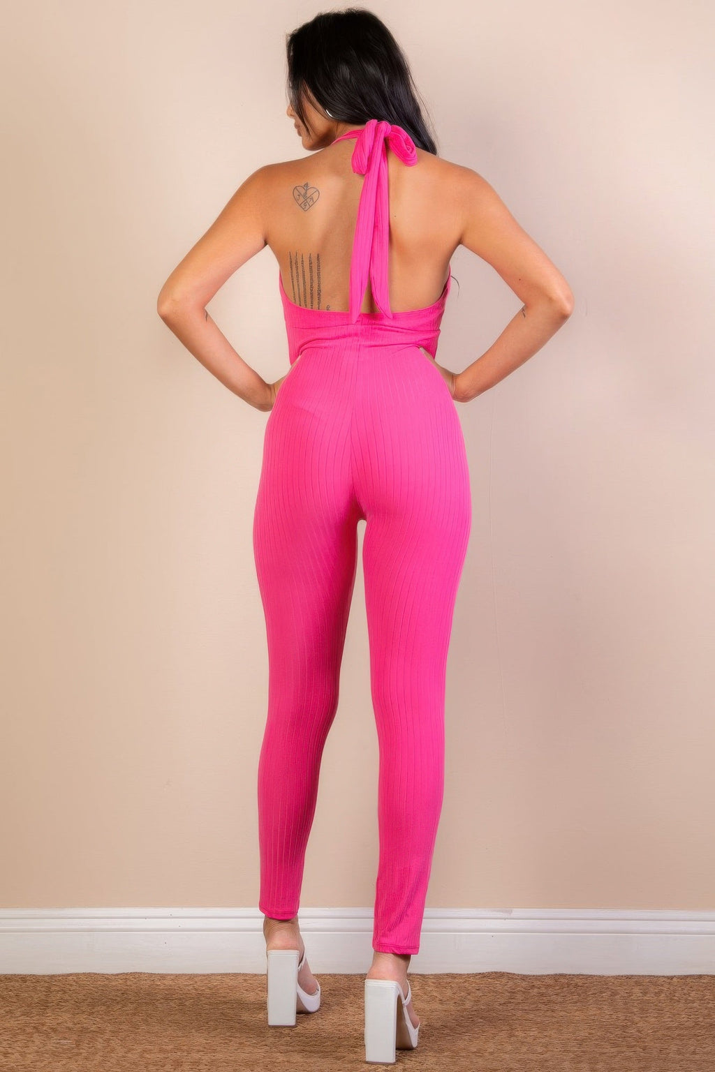 Halter V Neck Ribbed Bodycon Jumpsuit See size chart under “more details”