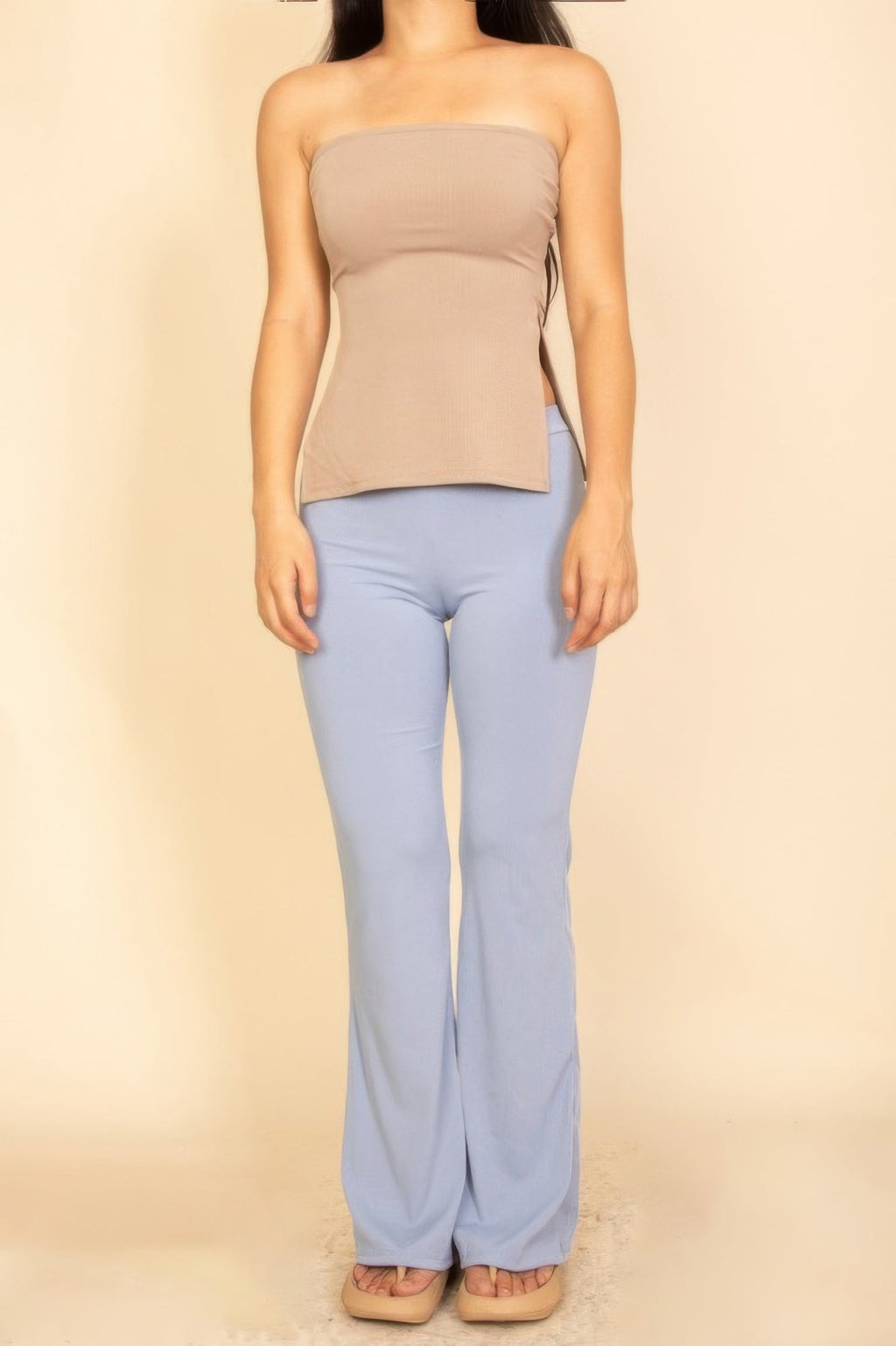 Strapless Ribbed Side-slit Flare Top