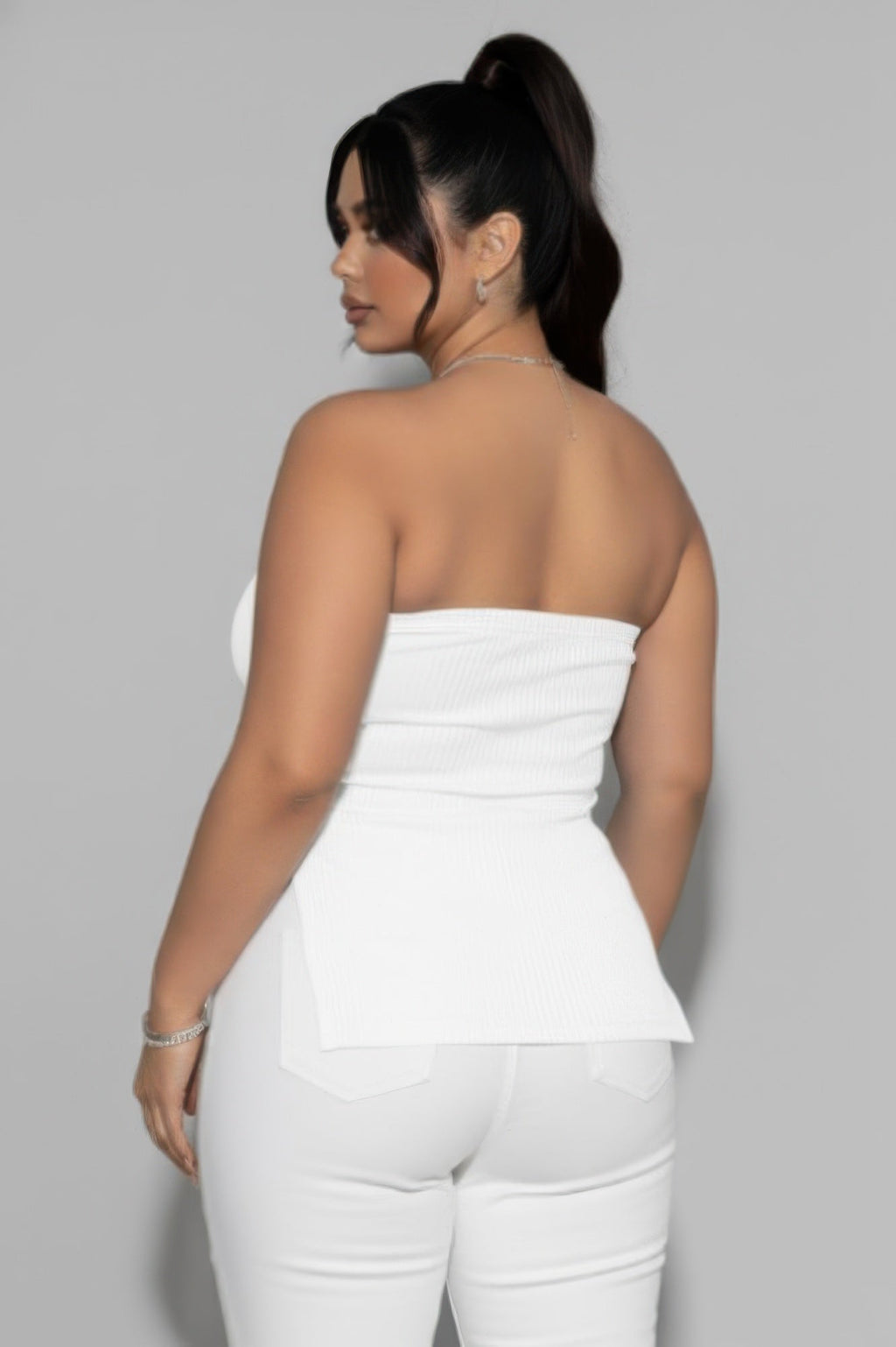Plus Strapless Ribbed Side-slit Flare Top