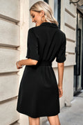 Solid V Neck Waist Tie Belt A Line Dress