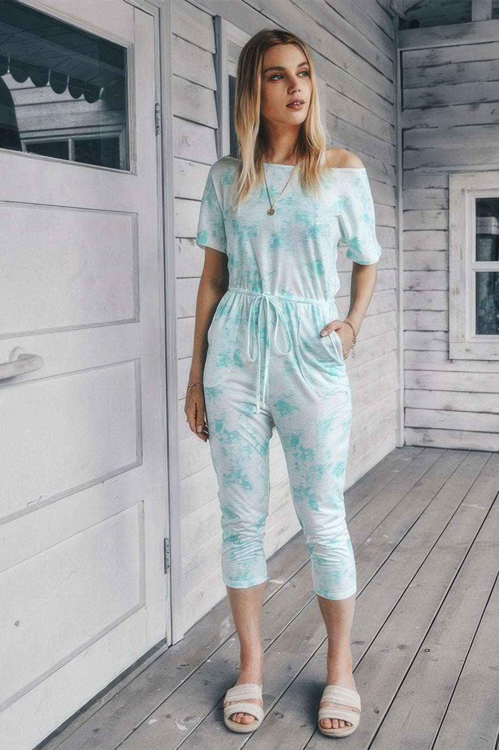 Tie Dye One Shoulder Drawstring Fit Jumpsuit