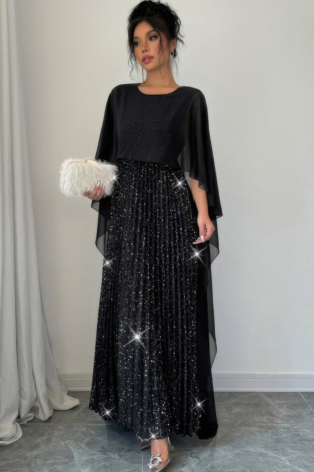 Elegant Sequin Satin Knit Pleated Long Dress