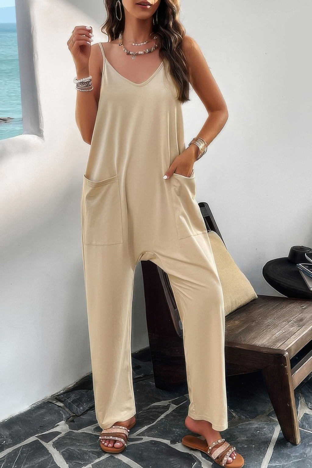 Pocketed Spaghetti Strap Loose Sleeveless Jumpsuit See size chart under “more details”
