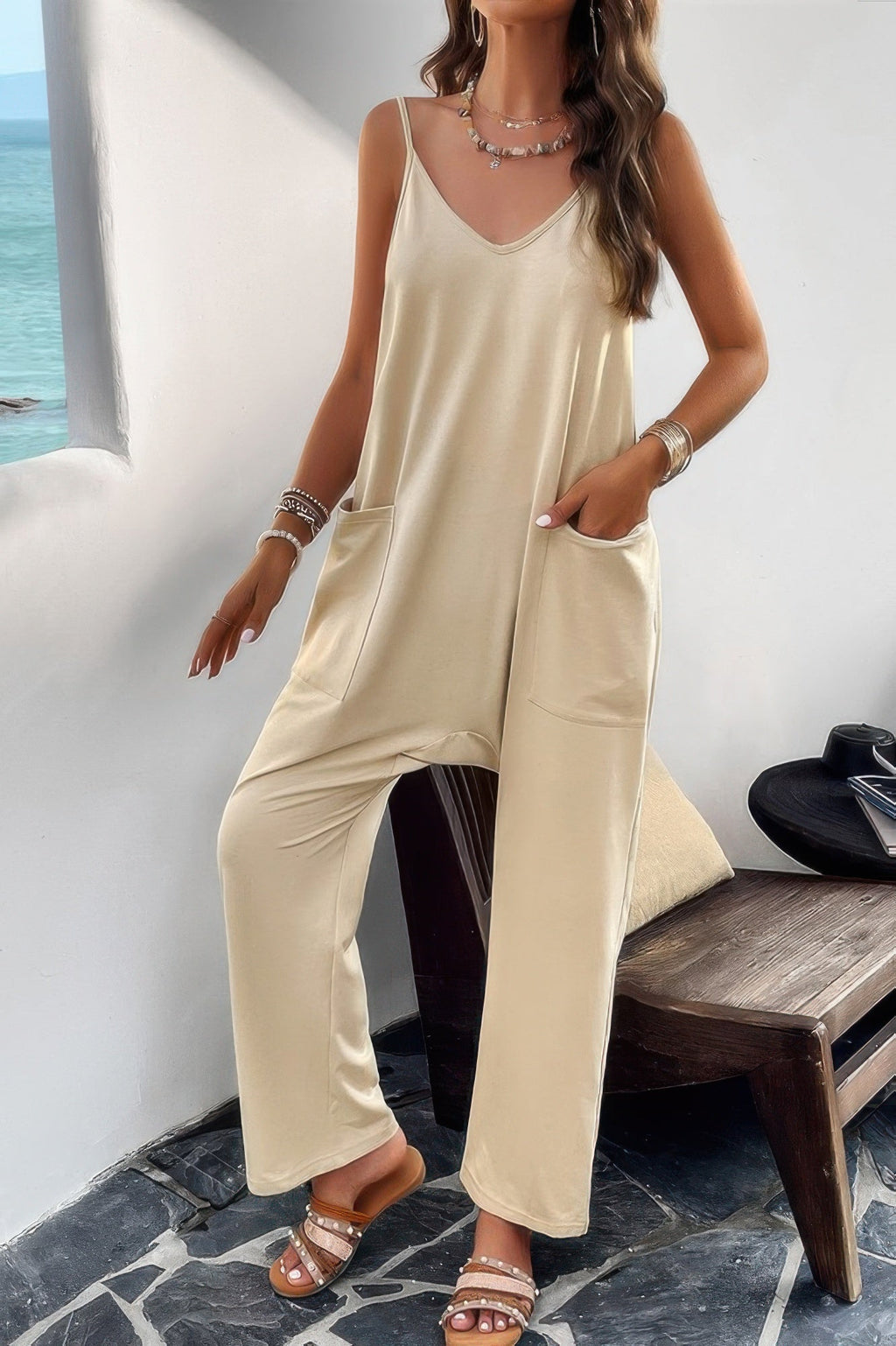 Pocketed Spaghetti Strap Loose Sleeveless Jumpsuit See size chart under “more details”