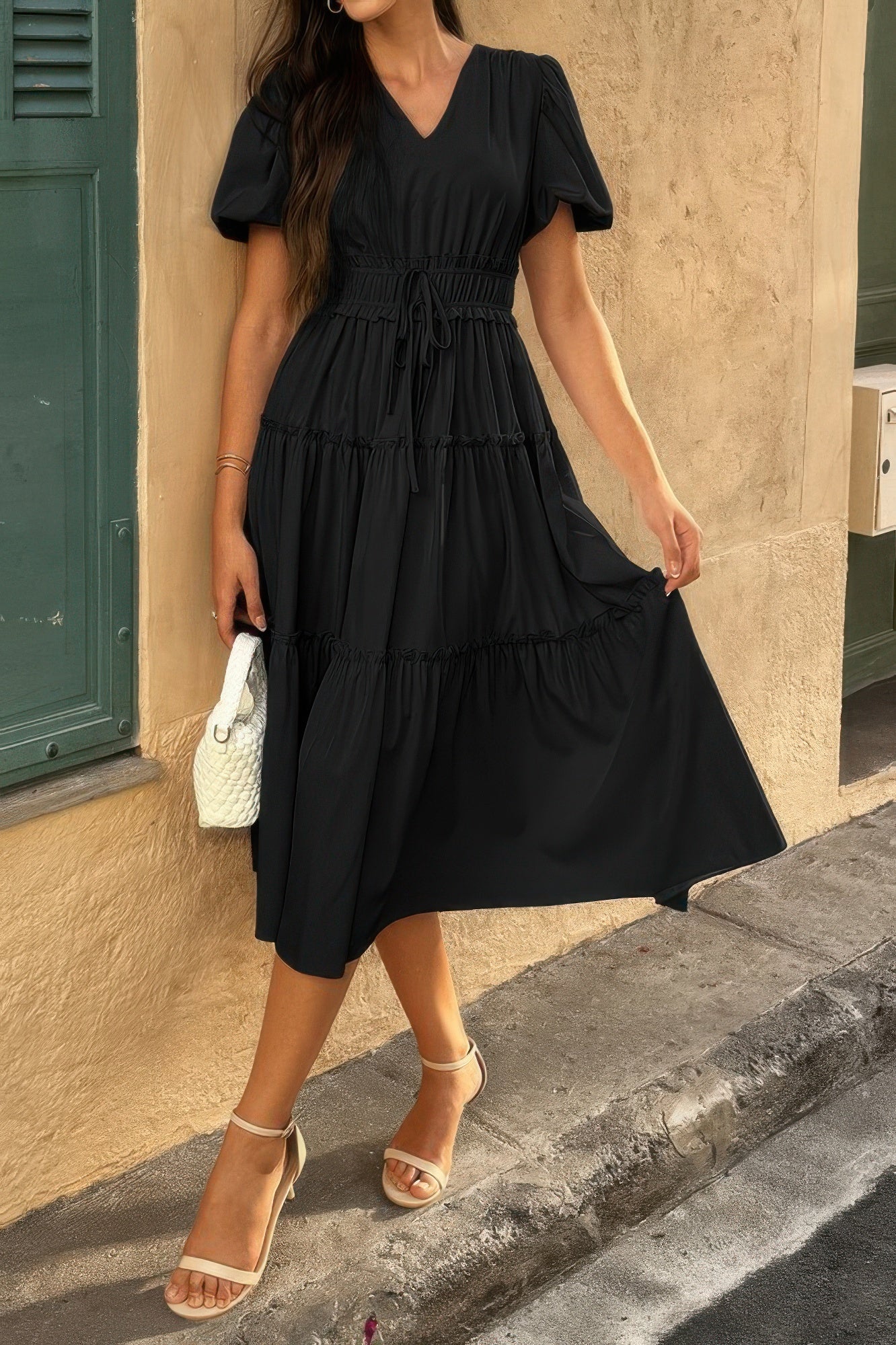 Solid Color Block Puff Sleeve Elastic Waist Dress