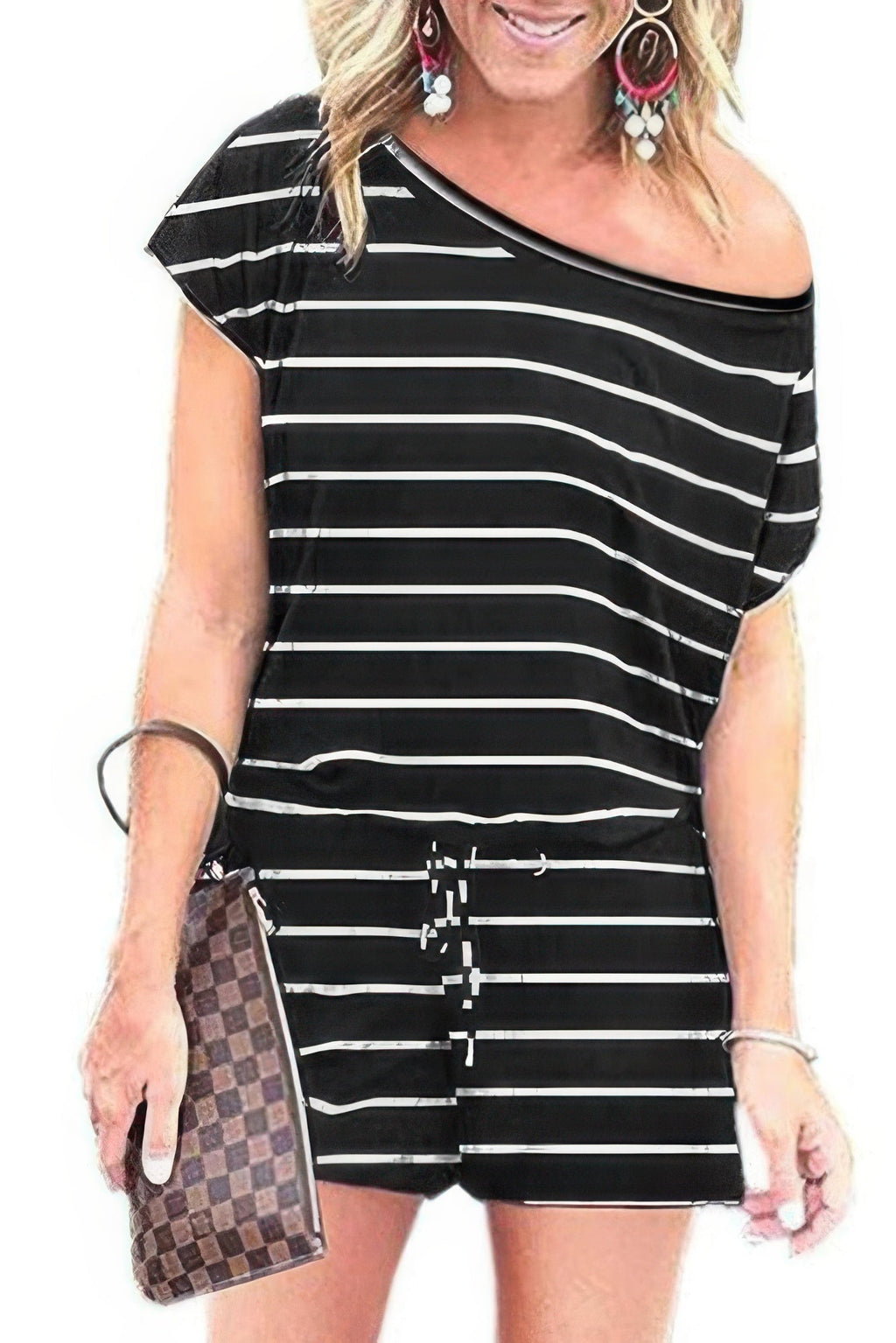 Striped Short Sleeve Drawstring Waist Romper