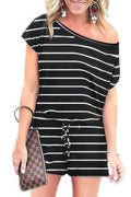 Striped Short Sleeve Drawstring Waist Romper