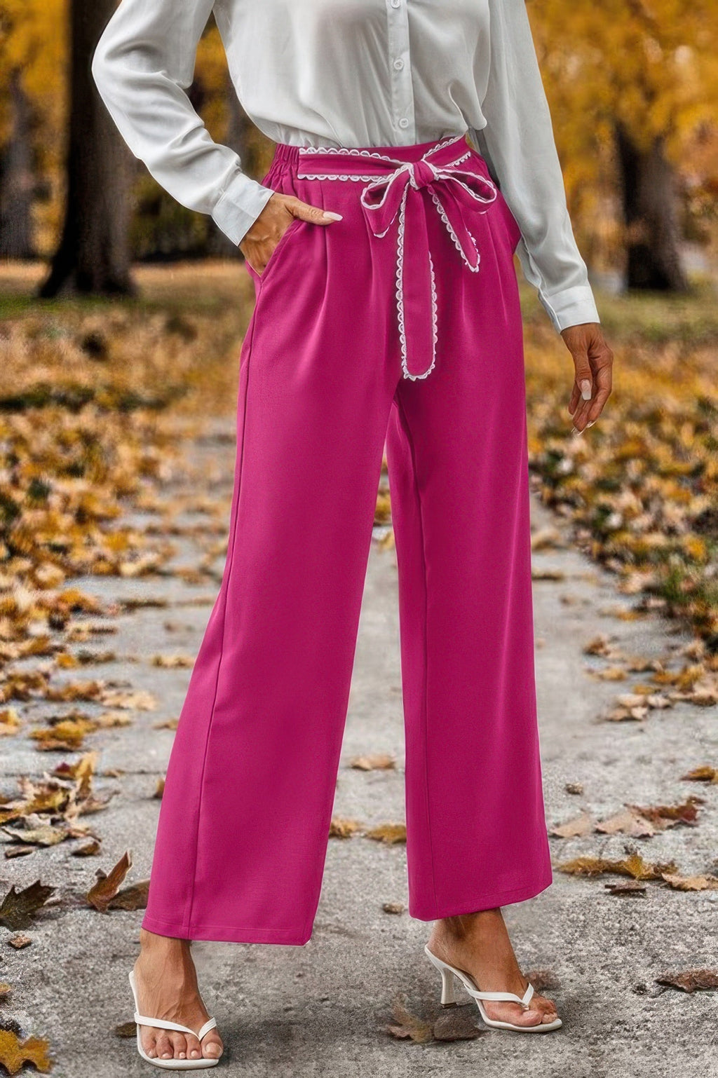Straight Leg Elastic High Waist Lace Tie Trim Pant