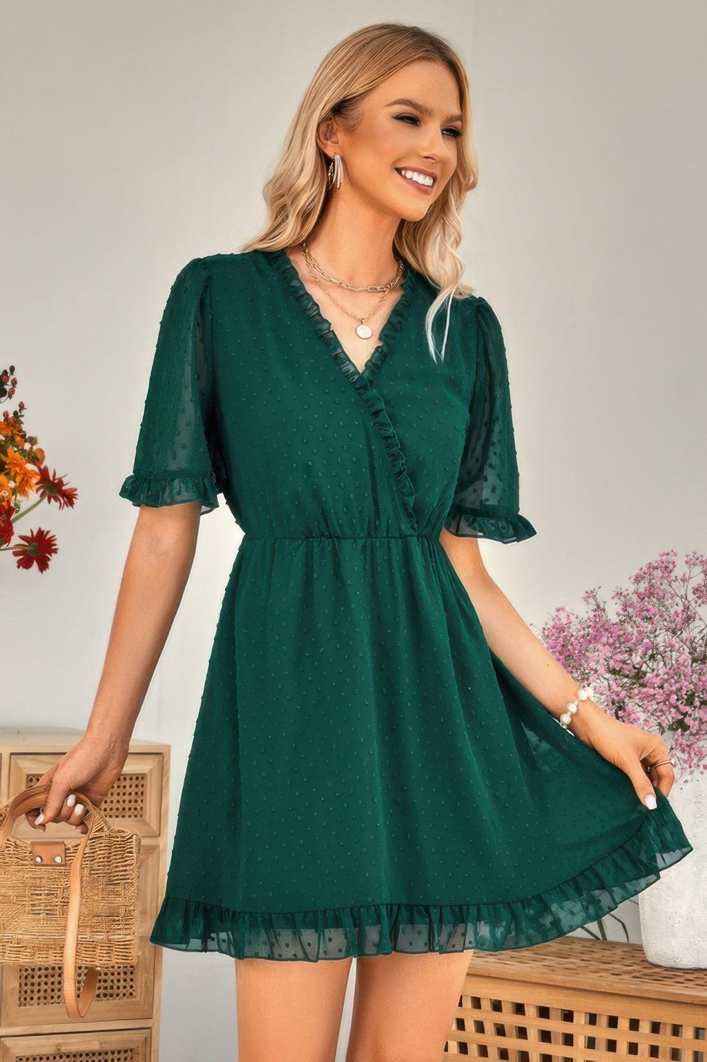 Solid Ruffle Hem Swiss Dot Short Sleeve Midi Dress