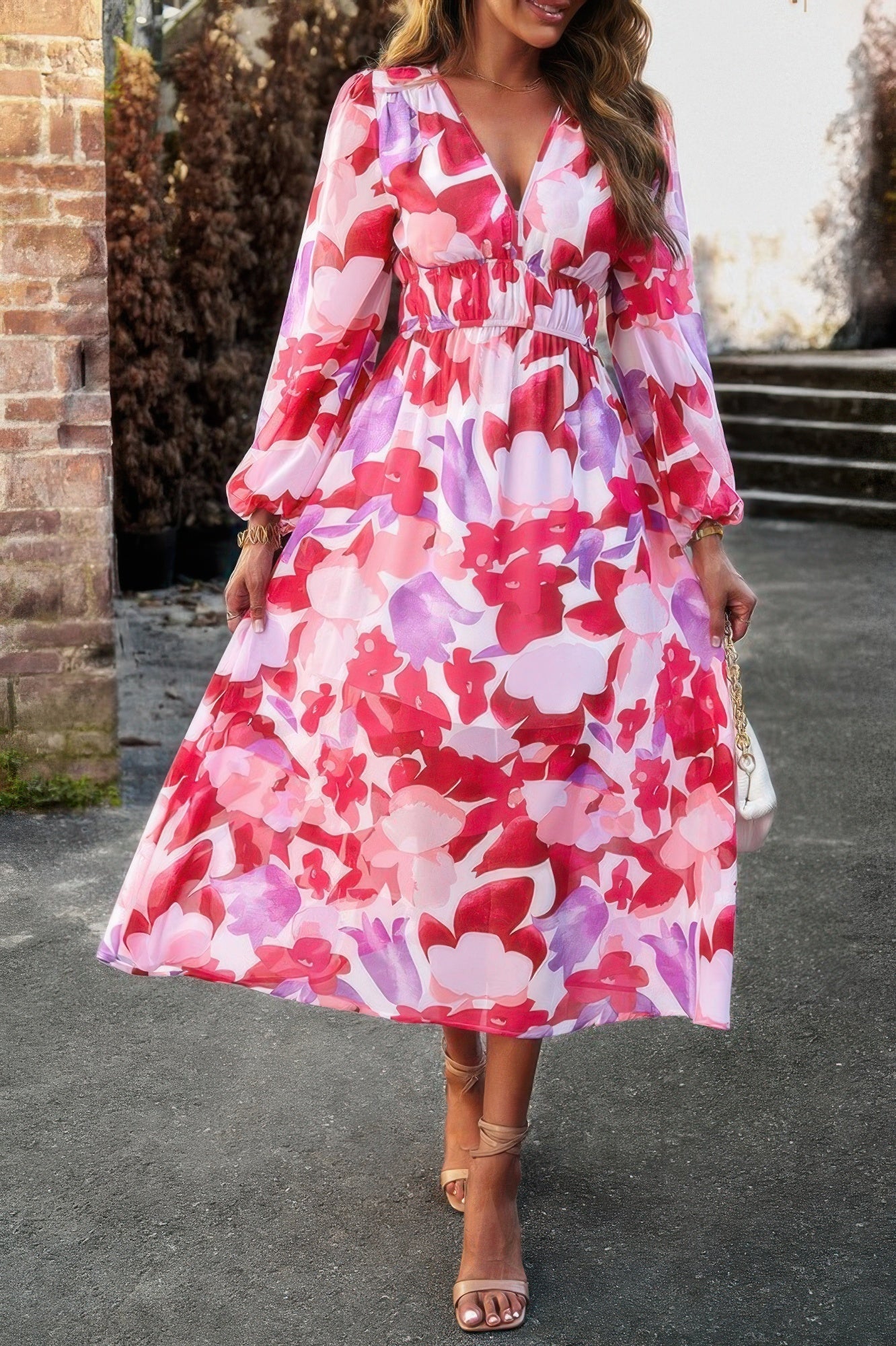 Boho V Neck A Line High Waist Long Sleeve Dress