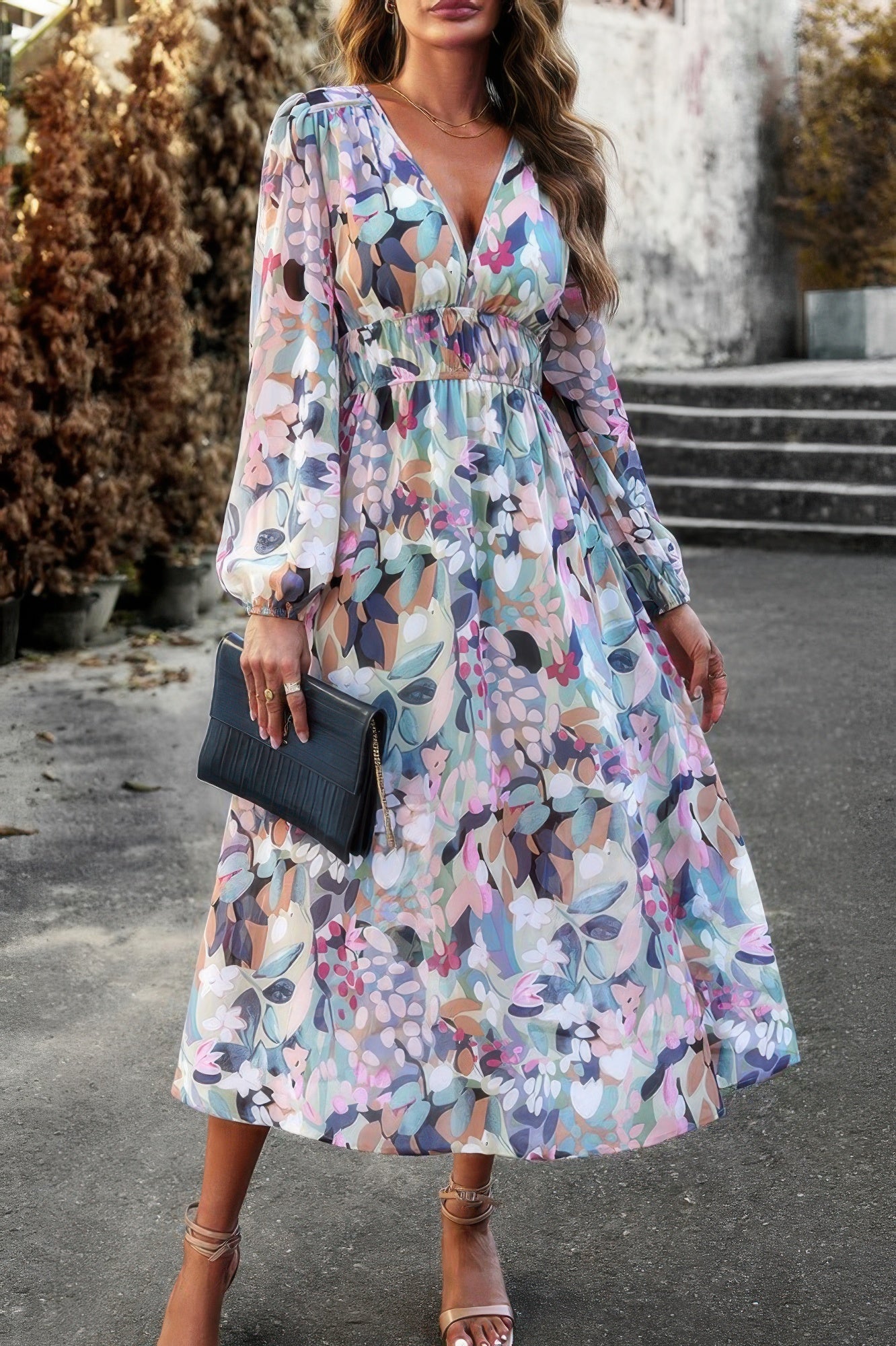 Boho V Neck A Line High Waist Long Sleeve Dress