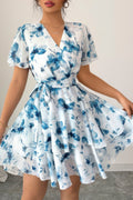 Floral V Neck Ruffle Sleeve Tie Belt Dress See size chart under “more details”