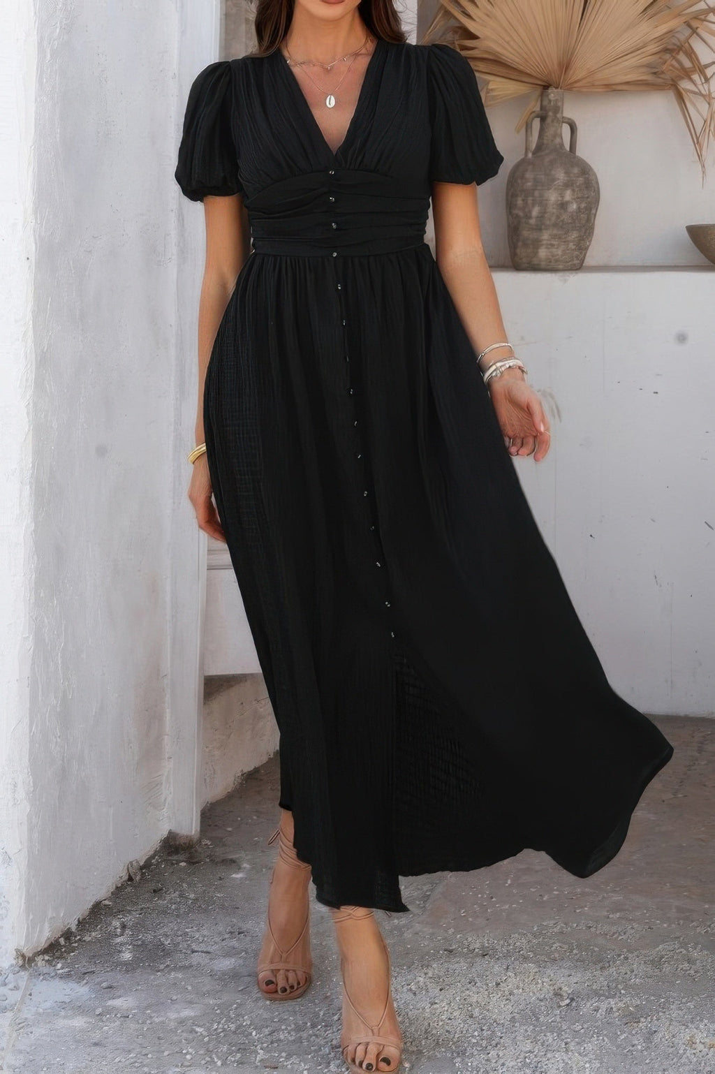Solid V Neck Puff Sleeves Solid Knot Detail Dress