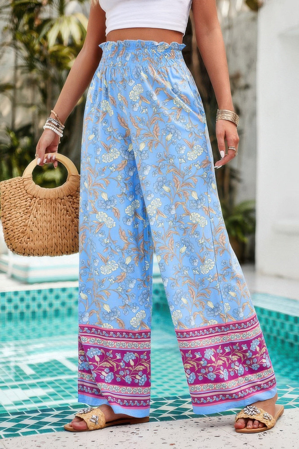 Floral Print Wide Stright Leg Pockets Elastic Pant See size chart under “more details”