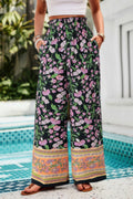 Floral Print Wide Stright Leg Pockets Elastic Pant See size chart under “more details”