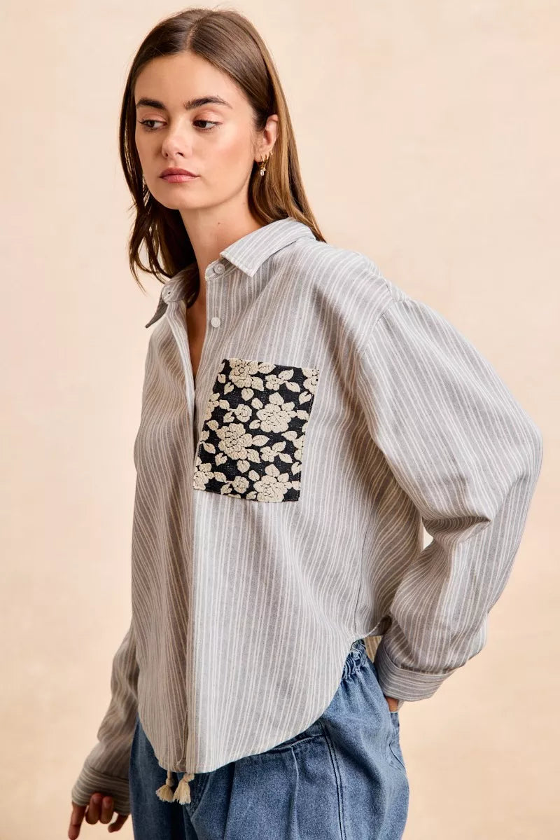 Flower Jacquard Knit Patch Pocket Stripe Shirt