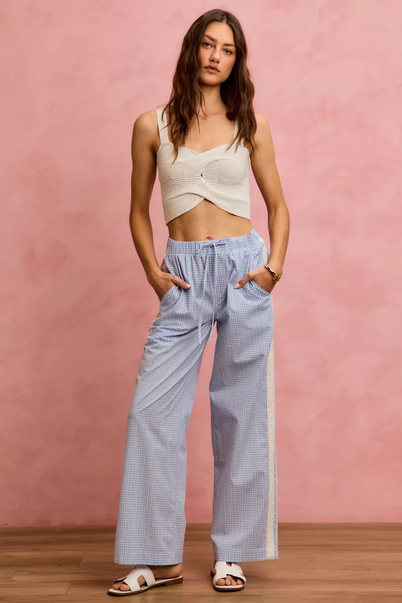Wide Check Pants With Side Lace Trim And Piping