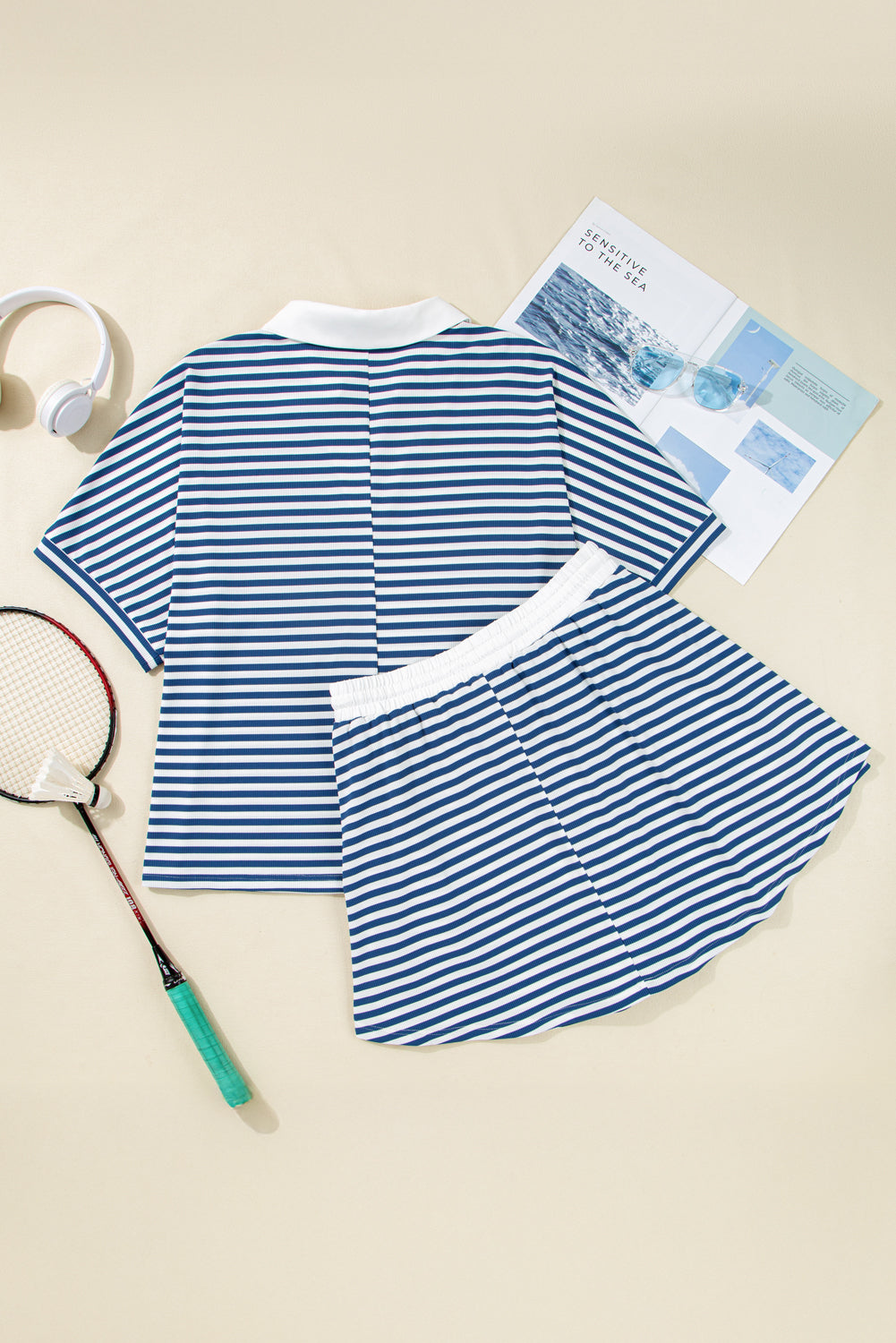 Blue Stripe Short Sleeve Collared V Neck Top Plus Size Skort Set