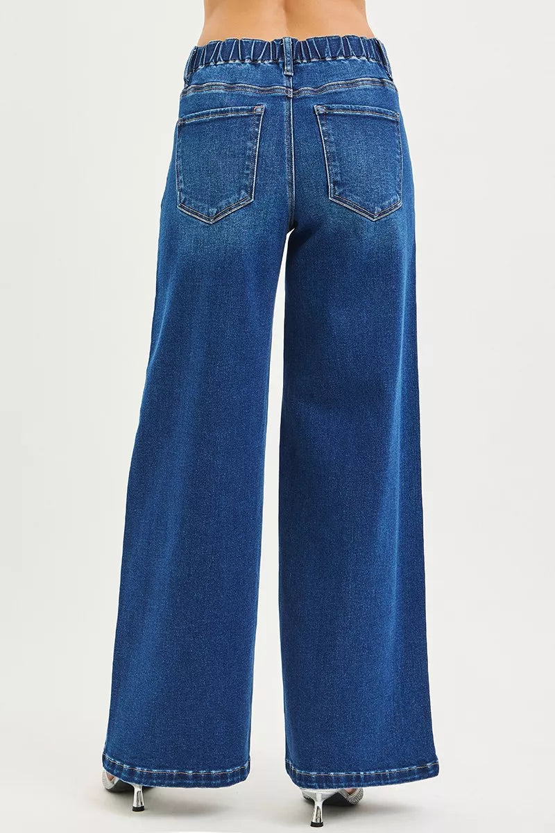 Full Size Mid Rise Wide Side Pintuck Jeans with Front Drawstring Plus Size
