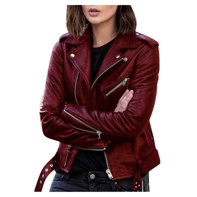 Women's Short Slim Fit PU Leather Jacket - Street Hipster Biker Style Coat