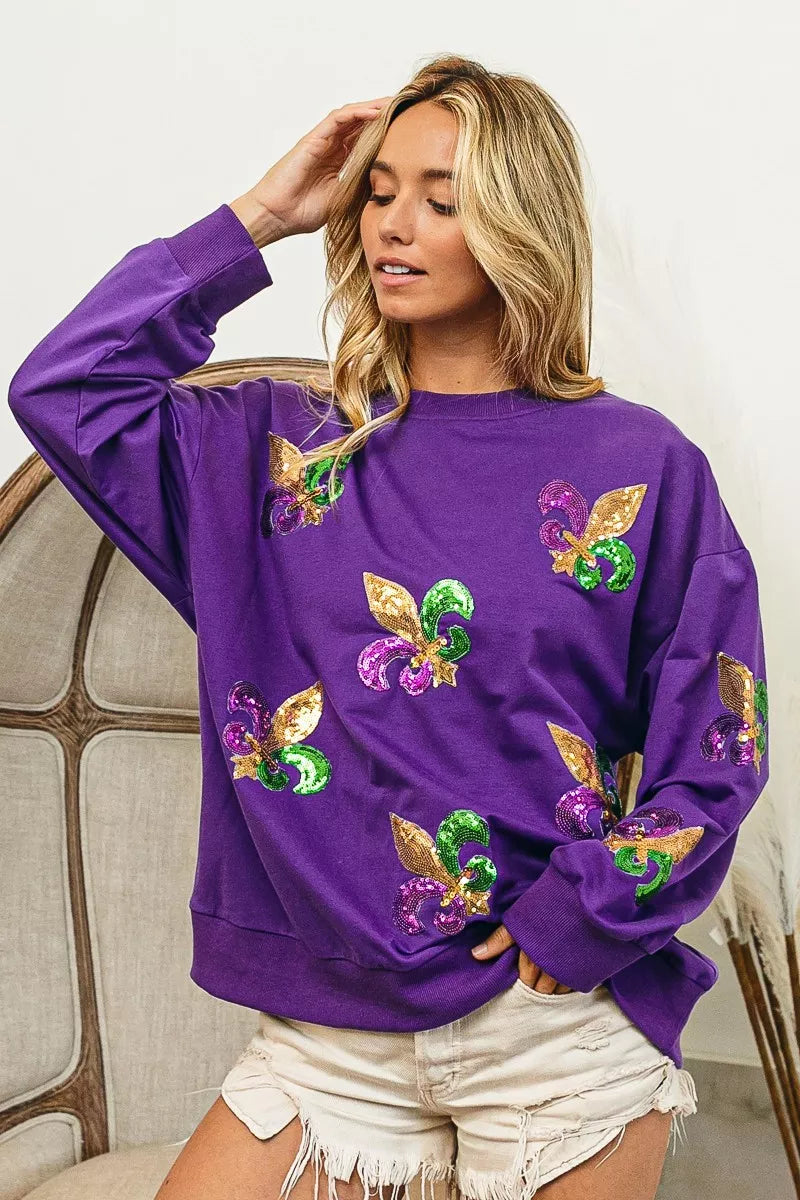 Fleur De Lis Sequin Patches Mardi Gras Sweatshirt