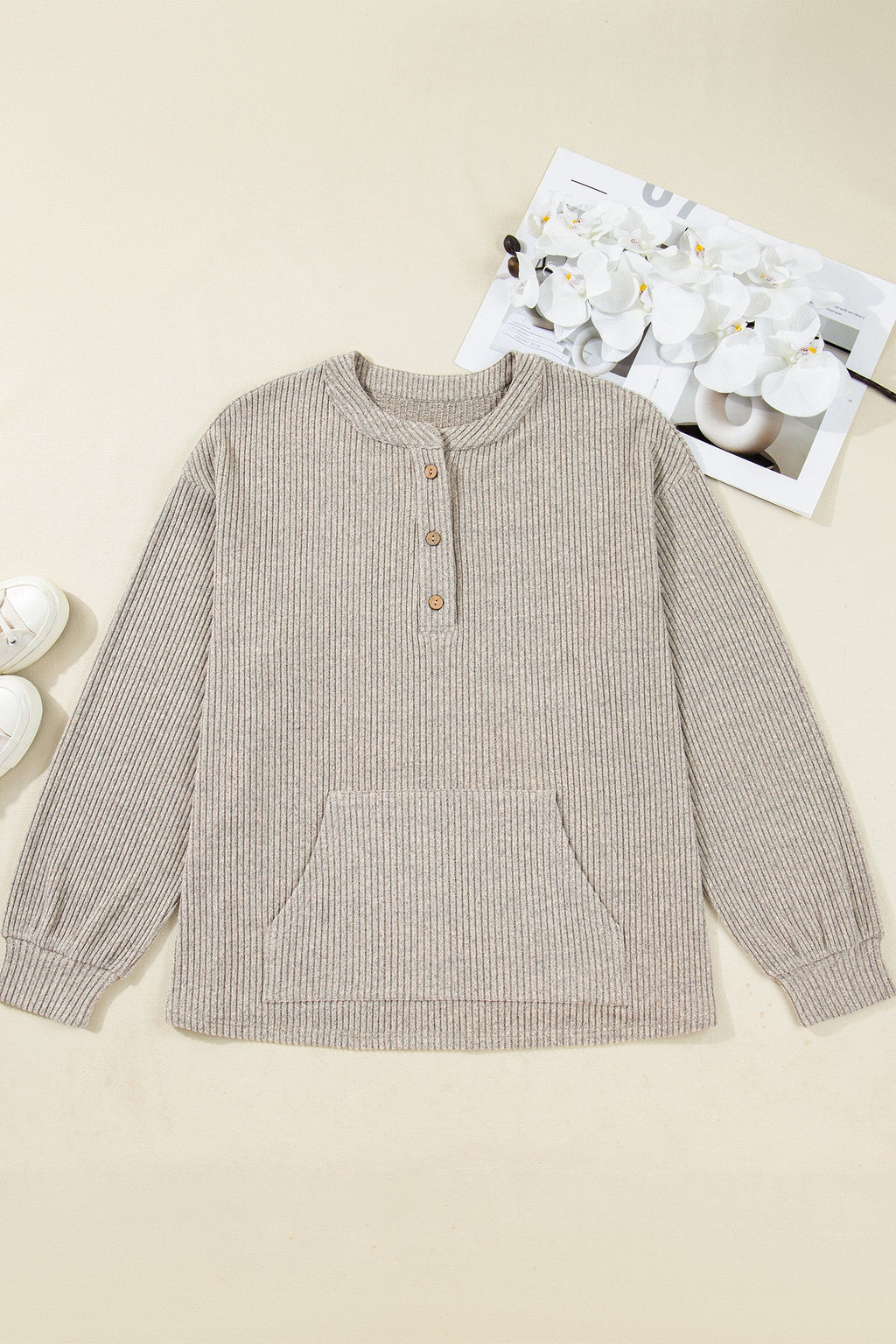 Simply Taupe Plus Size Ribbed Knit Kangaroo Pocket Henley Long Sleeve Top