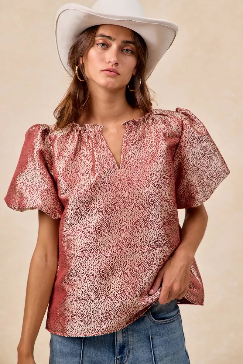 Jacquard Woven Short Balloon Sleeves V Neck Top