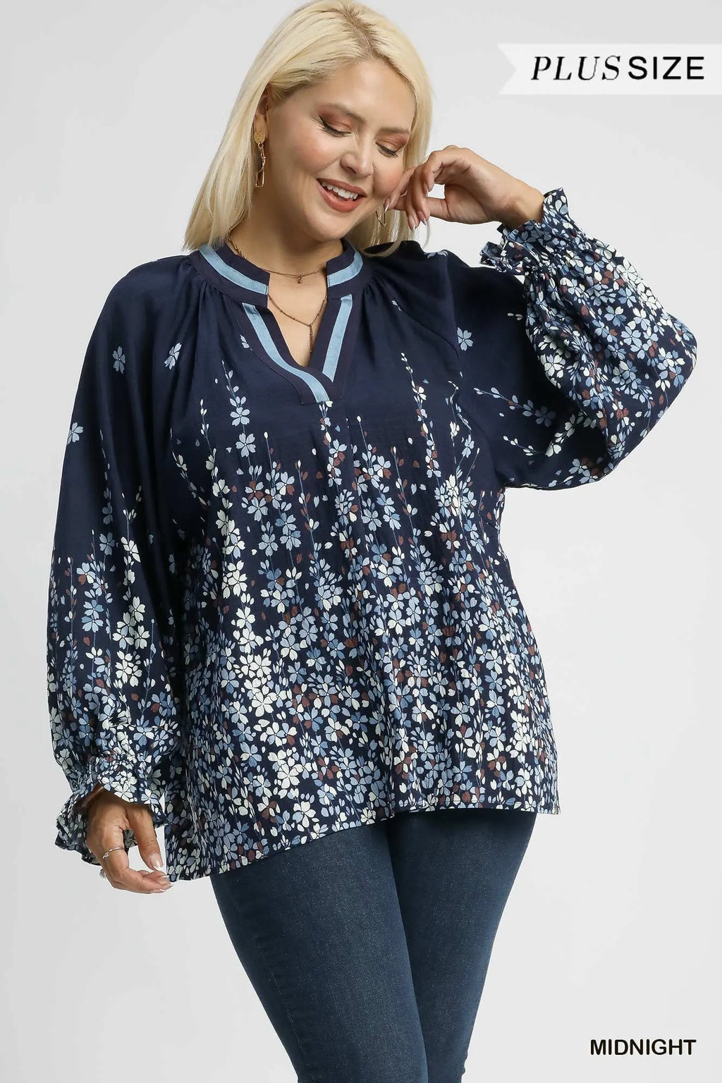 Full Size Floral Vine Print Blouse with Balloon Sleeves Plus Size
